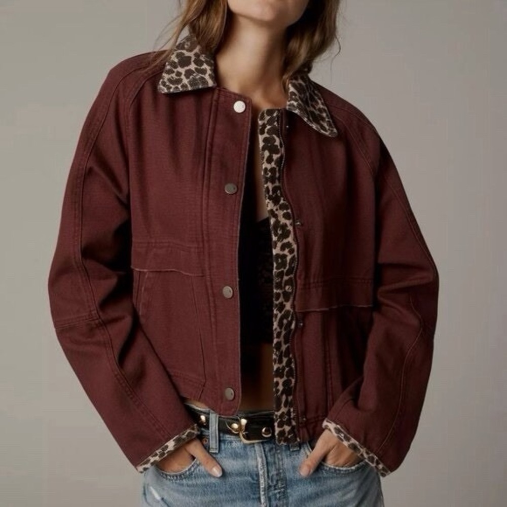 Pilcro Lexie Cropped Workwear Jacket Berry Leopard Combo L NWT